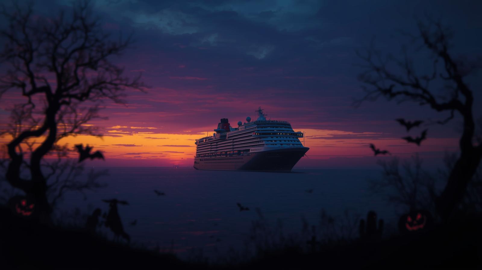 website header for a halloween cruise with cruise ship in distnace and a professional, spooky vibe